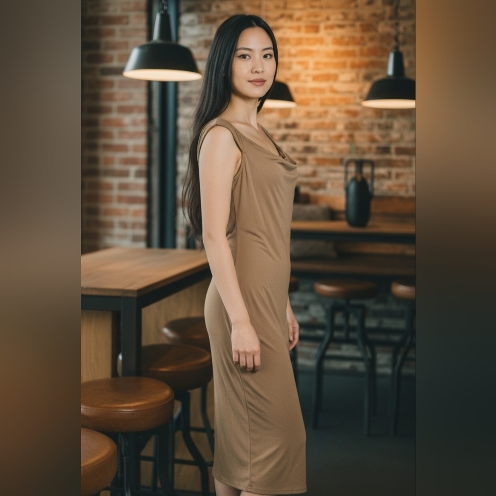 BTFBM Elegant Stylish Tan Sleeveless Maxi Dress NWT XL With Back Slit